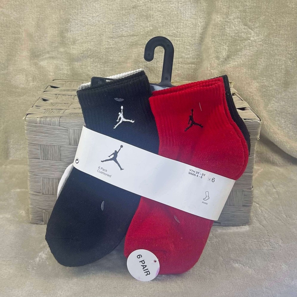 Jordan Jumpman Kids 6 Pack Cushioned Ankle Socks Black Red White Youth 3Y-5Y